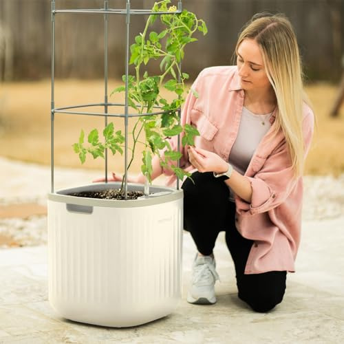 Vego garden Planters for Outdoor & Indoor Plants, Large Plant Pots with Self Watering, 15 Tall Large Plant Pots with Trellis for Flowers Plants Decor, Cream White
