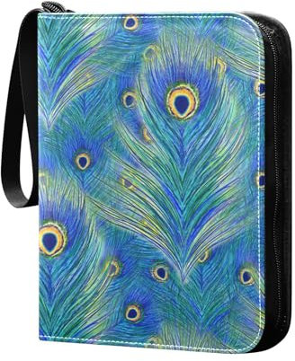 Blau Pfauenfedern Sammelkartenalbum 4 Taschen Kartenordner 50 Seiten 400 Karten PU Reißverschluss Kartenbinder Aufbewahrung Halter für Sportspielkarte