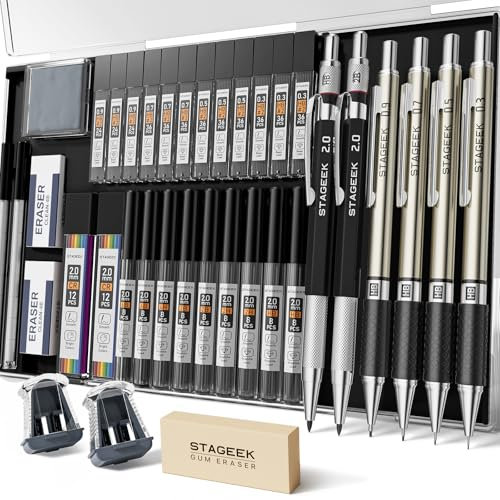 STAGEEK Druckbleistifte Set, 6 Stück Minenbleistift 0,3 0,5 0,7 0,9 2,0mm,metall mechanischer bleistift mit 492 Minen (6B, 4B, 2B, HB, 2H, 4H, Farbe),schreibwaren, für Künstler, Skizzieren, Zeichnen