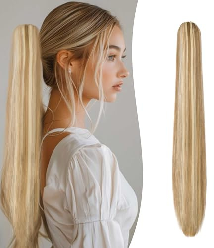 Gairyan 60 cm hästsvans hårstycke fläta förlängningar lång slät klämma claw clip in ponytail Extensions syntetiskt hårförlängningar rak hårdel hårförlängning för kvinnor, sandblond och blond