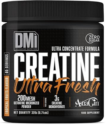 DMI INNOVATIVE NUTRITION Creatine Ultra Fresh 320 g Sabor Frutas Tropicales – Creatina Monohidrato Micronizada 200 Mesh y AstraGin® en Polvo – Aumento de Fuerza, Masa Muscular y Rendimiento Deportivo