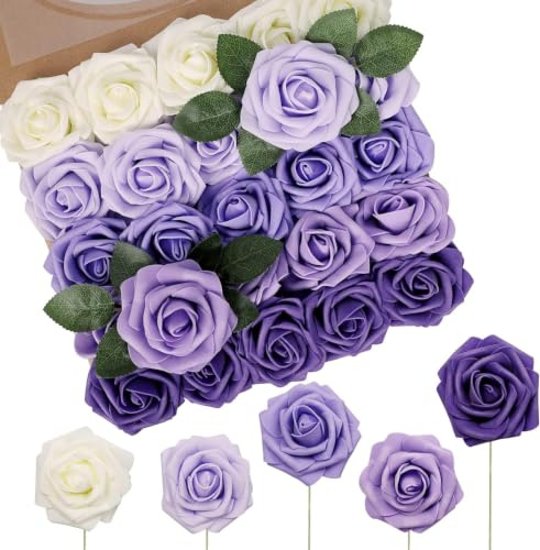 N&T NIETING Artificial Flowers 50Pcs Fake Foam Rose with Stems | Purple Flowers for DIY Wedding Bridesmaid Bridal Bouquets Centerpieces Party Home Decoration(Series Purple)