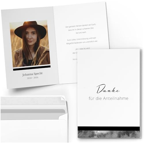 10 personalisierte Trauer Danksagungen Dankeskarten mit eigenem Text und Foto | Individuell anpassbare Danke Trauerkarten mit Briefumschlägen | Karten schwarzes Aquarell