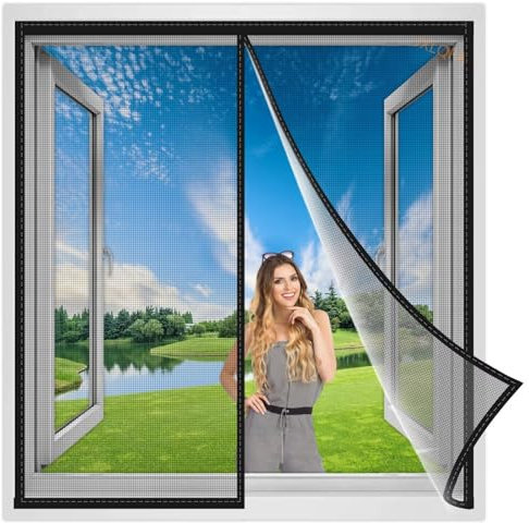 Magnet Fliegengitter Fenster katzennetz 75x70 cm, Mückennetz Multi Größe, mit Klettverschluss Schwarz, Verstärkte