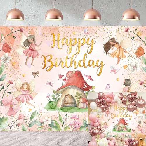 Toile de fond « Happy Birthday » - 1,8 x 1,2 m - Fleurs roses - Décoration de fête - Accessoires photo
