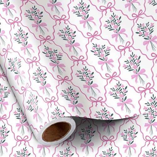 RUSPEPA Blumen-Geschenkpapier mit Schleifen, Mini-Rolle, 43,2 cm x 5 m, Geschenkpapier mit wunderschönen Blumenschleifen-Motiven, Geschenkpapier für Mädchen, Geburtstage, Partys