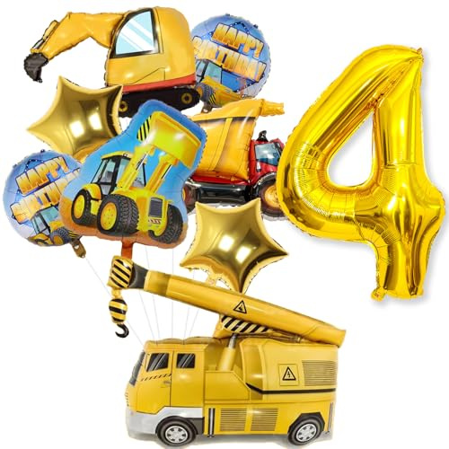 Bau-Geburtstagsdekorationen, 4. Geburtstag, 9 Stück, Bagger-Luftballons, Zahl 4, große Bauballons, Kipplaster, Kran, Folienballon-Set für Jungen, 4 Jahre alt, Geburtstagsparty-Zubehör