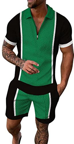 Trainingsanzug für Herren, Business-Poloshirt, elastisch, Sportset, 2-teilig, Strandstil, Hawaii-Stil, Herren, Sommeranzüge mit Reißverschluss, Urlaubskleidung, modische Freizeitkleidung, grün,