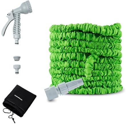 InnovaGoods® Manguera jardin extensible 30m con pistola de 7 chorros, manguera extensible con bolsa de transporte, adaptadores 1/2 y 3/4, resistente y duradera, Ideal para riego jardín y limpieza