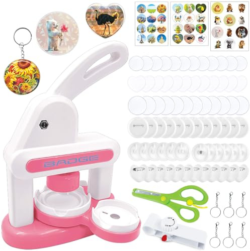 Kit de fabrication de badges, machine à poinçonner avec plusieurs tailles (35 mm + 55 mm + amour), kit de fabrication de boutons avec 36 badges, 1 coupe-papier rond, 1 joli autocollant (rose)