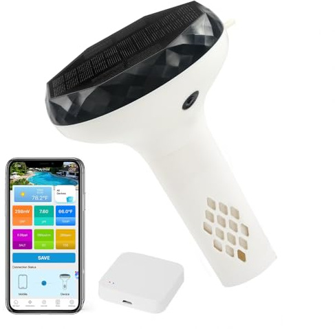 RYAKKA Solar Pooltester 6-in-1 Smart Wassertester mit WLAN-Box – pH, Salz, EC, ORP, TDS, Temperatur – Schwimmender Solar-Wasserqualitätstester für Pool, Spa & Whirlpool