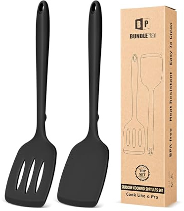 Pack of 2 Silicone Spatula Turners, Non Stick Slotted Kitchen Spatula Set, Heat Resistant BPA Free Kitchen Utensils, One-Piece Design, Suitable for Flipping Fish, Eggs, Steak, Pancakes(Black)