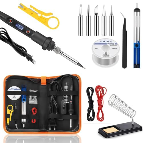 Kit Fer à Souder 80W Professionnel, Température Réglable 180°C-500°C avec écran LCD, Interrupteur ON/OFF, 5 Buses de Soudure, Pompe à Désoudrer, Idéal pour Réparation Électronique, Soudure et DIY