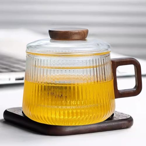 JanYoo Taza de té de vidrio con infusor y tapa, tazas de té con mango y platillo de madera para té de hojas sueltas, café en casa y oficina (rayas transparentes)