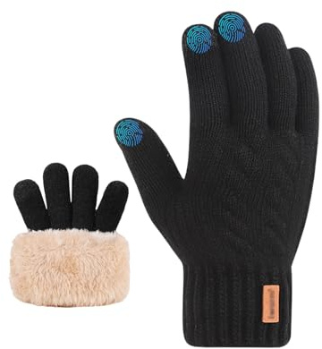 BOYSSPAA Guanti invernali con dita touch screen, unisex, caldi guanti da neve lavorati a maglia, fodera in pile felpato ispessito per corsa e ciclismo, Nero , L