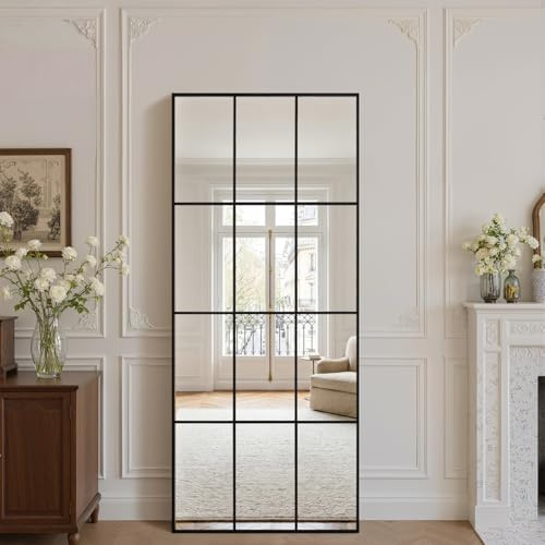 Reflix Floor Mirror 60x165 cm, Black Full Length Windowpane Wall-Mounted Leaning Hanging Wall Mirror Decoration for Bedroom Living Room Entrance