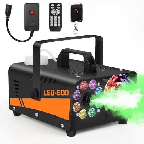 Nebelmaschine mit Discokugel, 600W Mini Fog Rauchmaschine mit Auto Sprühen Modus,13 Farbigen LED Lichtern und 3000CFM, mit 2 Kabelloser Fernbedienung für Disco Party Halloween Weihnachten