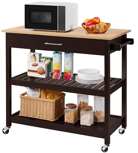 Yaheetech Carrello da Cucina a 3 Ripiani con Ruote Credenza Salvaspazio per Microonde con Cassetto per Cucina Dipensa o Bar 101,5 x 51 x 92 cm Marrone Scuro