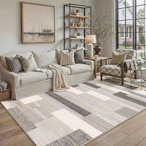 PureCozy Tappeto Salotto 140x200cm Beige Moderno Tappeti Lavabile in Lavatrice Antiscivolo Grande Carpet Cameretta Scendiletto Camera da Letto Ufficio Pelo Corto Morbido Rug Geometrico Carpets