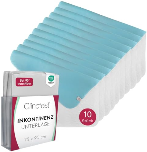 Clinotest Inkontinenzunterlage 10er Set – Oeko-TEX Zertifiziert, wasserdicht, atmungsaktiv, waschbar, 75x90 cm, absorbierender Matratzenschoner für Inkontinenz & Feuchtigkeitsschutz – Weiß/Blau