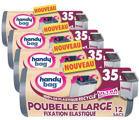 Handy Bag - Sacs poubelle à fixation élastique Poubelle Large 35L x 12 sacs - Adapté aux poubelles rectangulaires - Ultra Résistant et étanche : film triple épaisseur - 100% plastique recyclé
