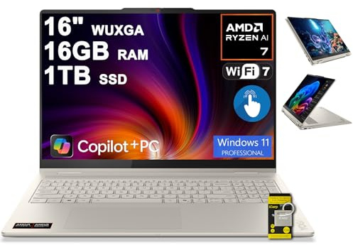 Lenovo Yoga 7 2-in-1 Laptop 16 WUXGA IPS Touch (Glossy Anti-Fingerprint) AMD 8-core Ryzen AI 7 350 (Up to 50 AI Tops) 16GB RAM 1TB SSD for Creator Business Professional Win11Pro ICP Hub