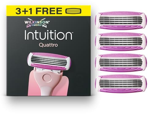 Wilkinson Sword Intuition Quattro, rasoio donna, ricariche 3+1 omaggio | Rasoi a 4 lame da donna, dermatologicamente testati, impugnatura ergonomica con base, include 3 ricariche +1 omaggio