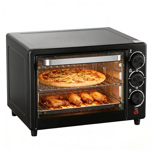 Horno eléctrico doméstico de 22 L, 800 W, termostato ajustable hasta 250 °C, temporizador 60 min, calefacción por botones giratorios, acero inoxidable, para cocinas pequeñas y camping (negro 22 L)
