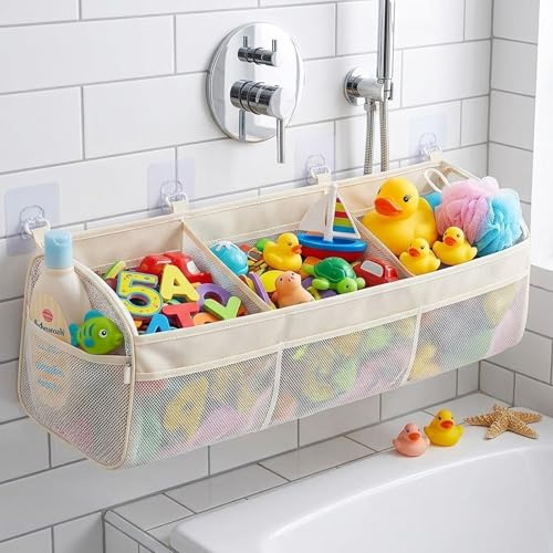 Wilcractk Bolsa de Almacenamiento para Juguetes de Baño de 3 Compartimentos - Malla Transpirable con 3 Ganchos Adhesivos, para Mantener el Baño Ordenado, Organización y Clasificación de Juguetes
