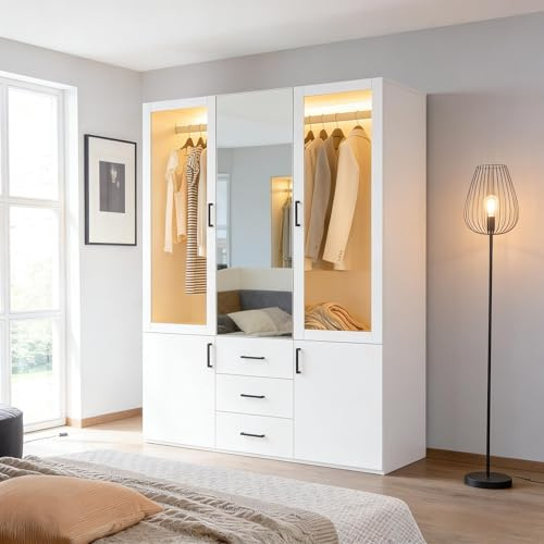 Armadio Guardaroba 2 Ante con LED e specchio, armadio camera da letto adulto con 2 ante in vetro e 3 cassetti, armadi multifunzione con asta per vestiti armadio portaoggetti per vestiti (bianco-3)