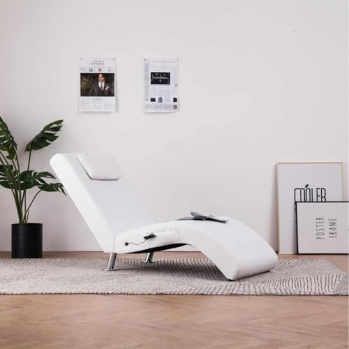 Homogen Massage-schäslong med kudde vitt konstläder, 144 x 59 x 79 cm, galvaniserade stålben, 5 massagelägen och värmefunktion, fjärrkontroll, ergonomisk, bekväm för vardagsrum och avkoppling