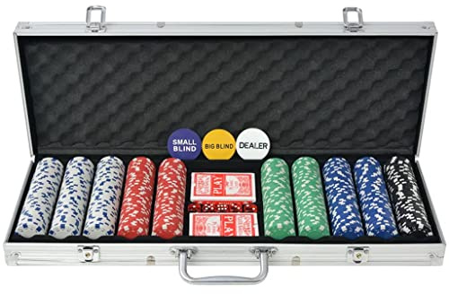 GeenYuu Poker Set mit 500 Chips und Aluminium Koffer, inklusive Dealer Button, Blind Buttons, Würfel, Kartendecks für Casino Spiele wie Texas Holdem, Black Jack und Roulette, ideal für Party