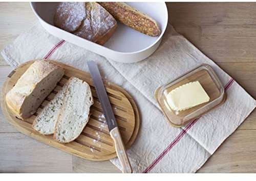 Pebbly NBA150 Brotkasten 4-in-1, Metall, Bambus, Edelstahl, Bio-Baumwolle, Creme