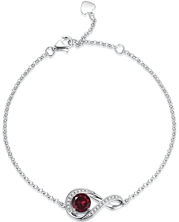 Gemlanto 925 sterling silver armband Oändlighet Skapade Granat Januari Födelsesten Länkarmband för kvinnor Dotter Danity Födelsedagsjubileum Smyckespresenter till sin mamma, justerbar kedja 17+1,5+1,5 cm