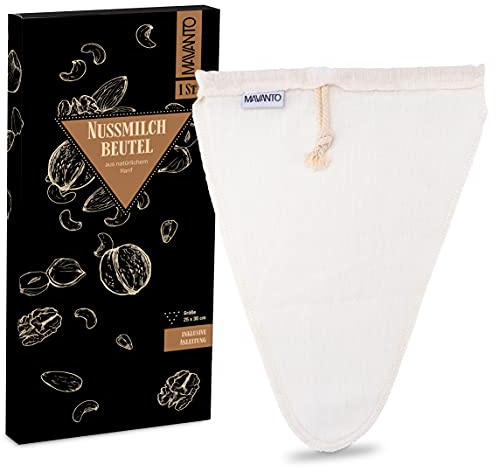 Nussmilchbeutel Hanf 25 x 30 cm für selbstgemachte Nussmilch - Umweltfreundliches Passiertuch wiederverwendbar & waschbar (V-Form, 1x Stück)