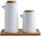 Luxshiny Ceramic Oil and Vinegar Dispenser Bottle and Spice Jar Set White Ceramic Soy Sauce Dispenser, Oil Dispenser of 2 with Wood Tray for Kitchen