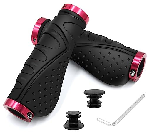 HNOOM Manopole Bici 22mm Impugnature per Manubrio Bici Gomma Antiscivolo Manopole MTB Ergonomiche Bici impugnature Universale Manopole per Bicicletta, Doppio Serratura in Alluminio (Rosso)