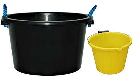 [SET OF 2] 45L Tub/Bucket With Rope Handles + 3 Gallon Yellow Bucket | Garden Home Storage Container | Plaster Mixing Cement Muck Water Heavy Duty Bucket