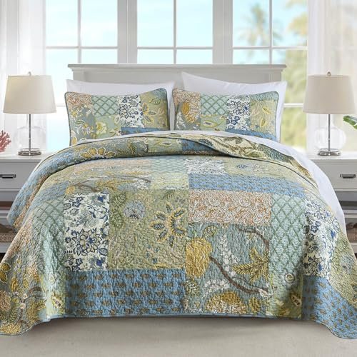 NEWLAKE Quilt Set California King Size 100% Baumwolle Patchwork Grün Bohemian Quilt Sets Reversible Tagesdecke Leicht und Atmungsaktiv für alle Jahreszeiten Weiche Gesteppte Tagesdecke mit 2