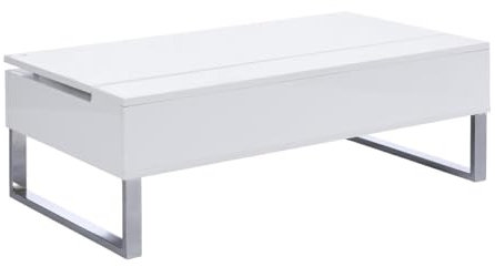 Vente-unique Table Basse avec Plateau relevable - MDF et métal chromé - Blanc laqué - SECALI
