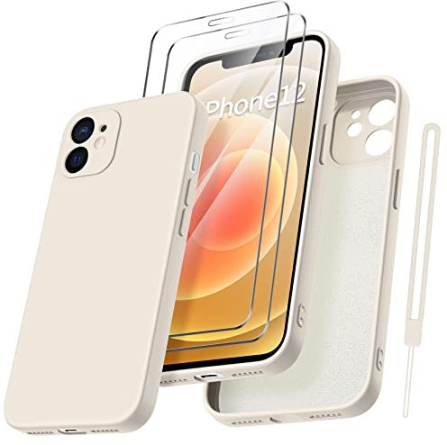 Qasyfanc Handyhülle für iPhone 12 Hülle mit 2 Stück Hartglas Schutzfolie, Silikon Case Ultra Dünn Microfiber Kameraschutz Rundumschutz Anti-Kratzer Handyhülle für iPhone 12 6.1 - Khaki