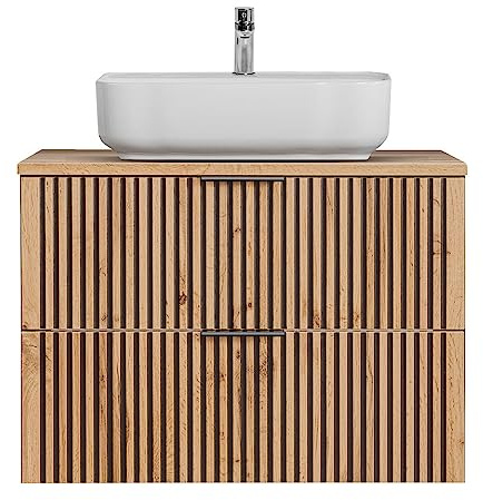 Lomadox Waschtisch Rillen schwarz Unterschrank 80 cm mit Keramik Aufsatzwaschbecken Waschbecken anthrazit Eiche Nb. B/H/T: 80,6/73,2/46,5 cm