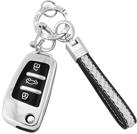 Autoschlüssel Hülle für Audi Zubehör 3 Tasten TPU Schlüsselhülle, Silber | für Audi A1 A3 A4 A6 A8 Quattro Q2 Q3 Q7 S3 S6 RS3 RS6 R8 TT TTS Auto Schlüssel Hülle Schlüsselcover mit Schlüsselanhänger