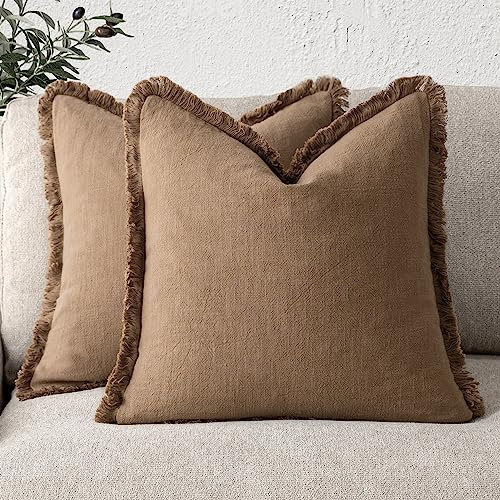 Foindtower Uppsättning av 2 dekorativa linnekanter prydnadskudde överdrag mysig bondgård boho kuddöverdrag med tofsar mjukt accent örngott för bäddsoffa vardagsrum heminredning 50 × 50 cm kaki brun