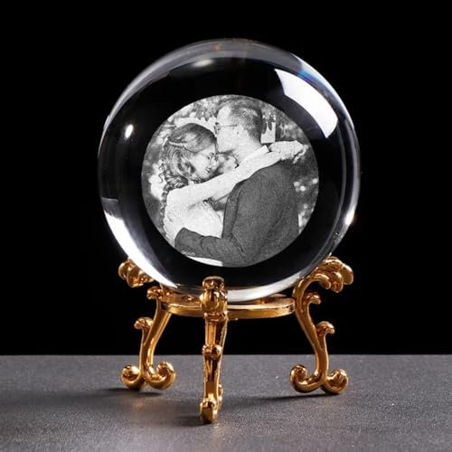 WOMB Glas-Fotokugel Personalisierte Kristallkugel.schneekugel Mit Foto,schneekugel Personalisiert. 2D Kristallkugel Ornament, Geschenk Für Mutter, Hochzeits,Dame (with Gold Base,3D 6 cm)