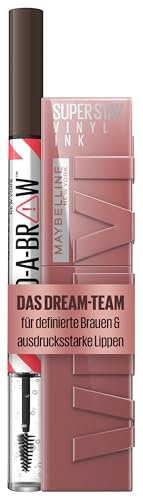 Maybelline New York flüssiger Lippenstift, Liquid Lipstick, Super Stay Vinyl Ink, 35 Cheeky, 4,2 ml + Build-A-Brow 2in1 Augenbrauenstift, volle, definierte Augenbrauen, 260 Deep Brown