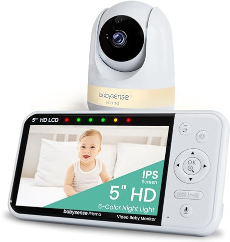 Babysense Prisma Baby Monitor with Camera and Audio, 5” HD Video Baby Monitor, 6-Color Night Light, Split Screen, Baby Sound Machine with White Noise & Lullabies, Secure No WiFi