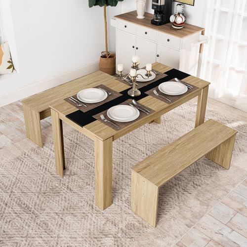 FURNITABLE Esstisch mit 2 Bänken, 3er-Set, Küchentisch 140x70x75cm,2 Bänke je 90x30x45 cm,Esszimmergruppe Eiche + Schwarz