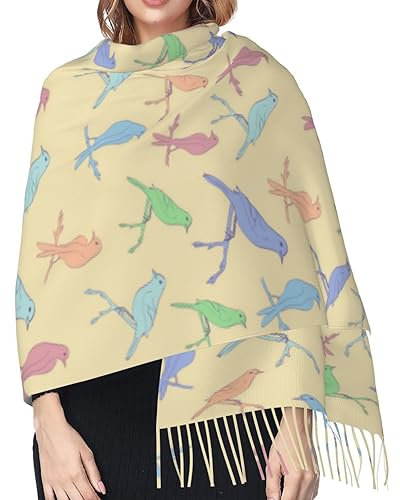 Hceaatb Damen-Schal, bunt, Vogelmode, Winter, warm, Kaschmirschal, Fransenschal, Schwarz , Einheitsgröße