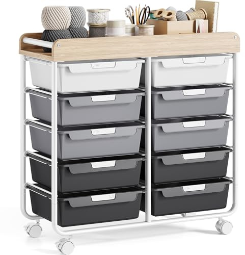 SYKIARIOL Contenedor enrollable de plástico para baño, carrito de manualidades con 10 cajones, carrito con cajones, carrito de almacenamiento para baño, cocina, sala de estar, dormitorio, color gris
